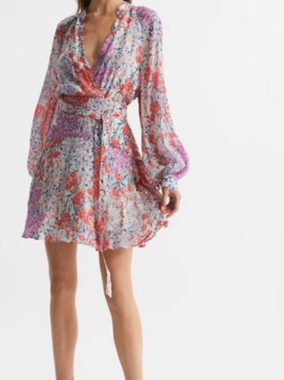 Reiss Kiera Meadow Print Flippy Coral White plunge wedding Mini Dress uk 10 Us 6